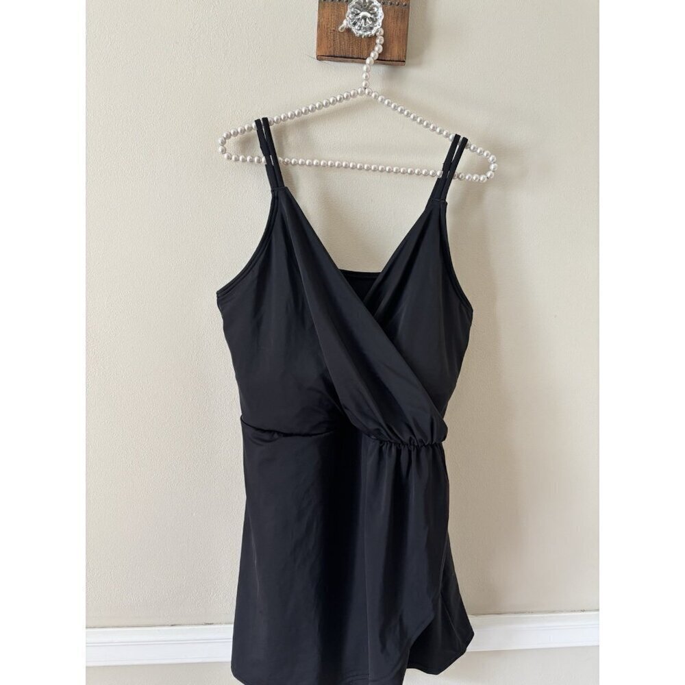 Lands End Womens Size XL 18 Black Tulip Wrap Swim Dress One Piece Swimsuit